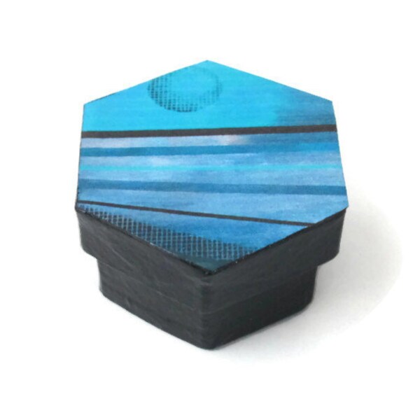 Clearance Sale, Small Gift Box, decoupaged lid abstract turquoise blue full moon and stripes, trinket box, mini decorative box for men