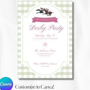 May include: A green and white gingham patterned invitation for a Derby party. The invitation features a pink banner with the text "Join us for our annual Derby Party". The invitation also includes the date, time, location, and RSVP information.