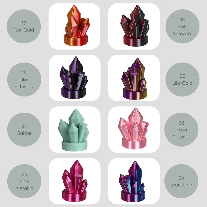 May include: A selection of crystal-shaped ornaments in shades like red-gold, dark red, purple, pink, and blue-pink. Each crystal is presented on a white backdrop with a colour label. Measurements are not applicable.