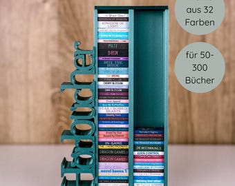 May include: A teal-colored bookshelf with the word "Haloucher" in large letters on the side. The bookshelf holds numerous books with titles visible, and the image includes text indicating the availability of 32 colors and capacity for 50-300 books.