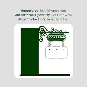 May include: A dark green signpost with the text "BOOKS READ" in white. The sign is suspended from a decorative, scrolled metal bracket. The sign has a blank, rectangular space below the text.