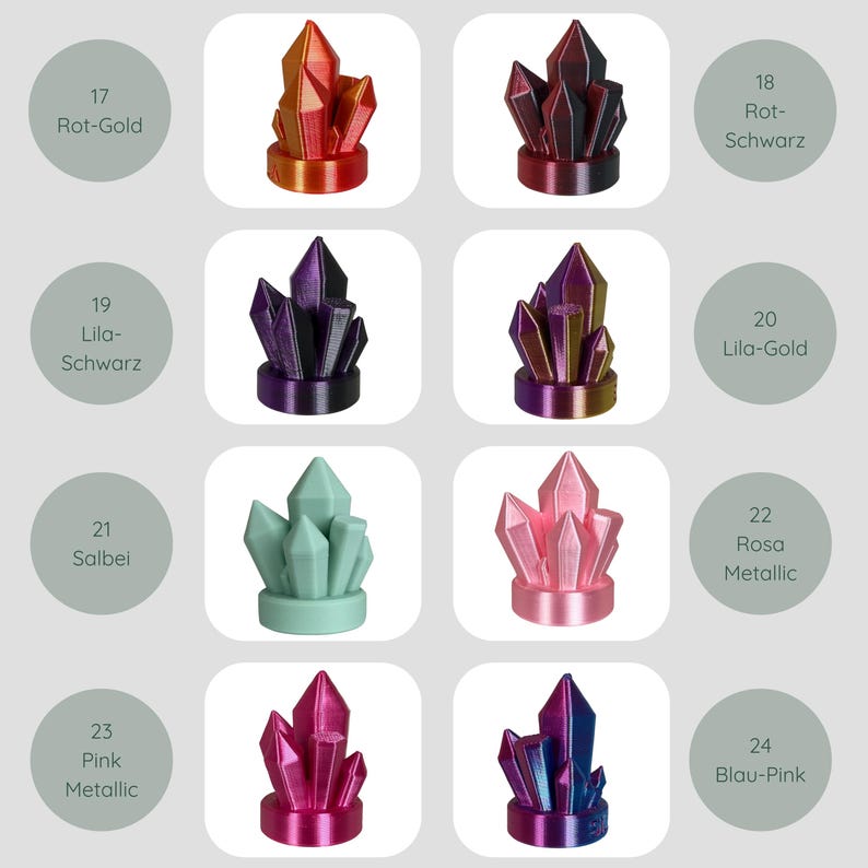 May include: A collection of crystal-shaped decorative objects in various colors, including red-gold, dark red, purple, pink, and blue-pink. Each crystal is displayed on a white background with a corresponding color label.