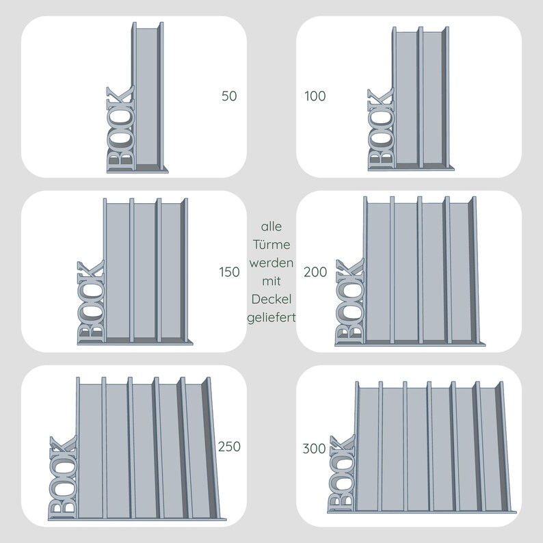 May include: A series of gray book storage towers, each with a "BOOK" cutout. Heights are labeled: 50, 100, 150, 200, 250, and 300. The text "alle T&uuml;rme werden mit Deckel geliefert" is also present.