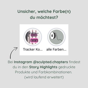 May include: Image with German text, including "Unsicher, welche Farbe(n) du m&ouml;chtest?" and "Tracker Ko... alle Farben...". The image shows two circular icons and an arrow pointing towards them, with additional text.