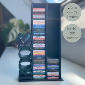 May include: A black bookshelf with the word "BOOKS" cut out on the side. The shelf is filled with colourful books. Text on the image says "Choose from 32 colours" and "for 50-300 books."