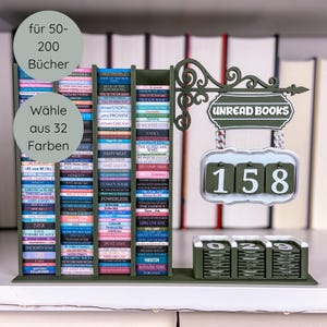 May include: A dark green bookshelf with a sign reading "Unread Books". The shelf displays miniature book spines in various colours, with a counter showing "158". Text indicates the shelf holds 50-200 books and 32 colours.