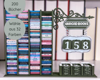 May include: A dark green bookshelf with the words "Unread Books" on a sign. The shelf holds colorful miniature book spines, with a counter showing "158". Additional text indicates the shelf holds 50-200 books and 32 colors.