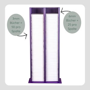 May include: A purple, vertical display stand with two compartments filled with white cards. Text indicates the stand holds 50 cards per column for 3mm thick cards and 25 cards per column for 6mm thick cards.