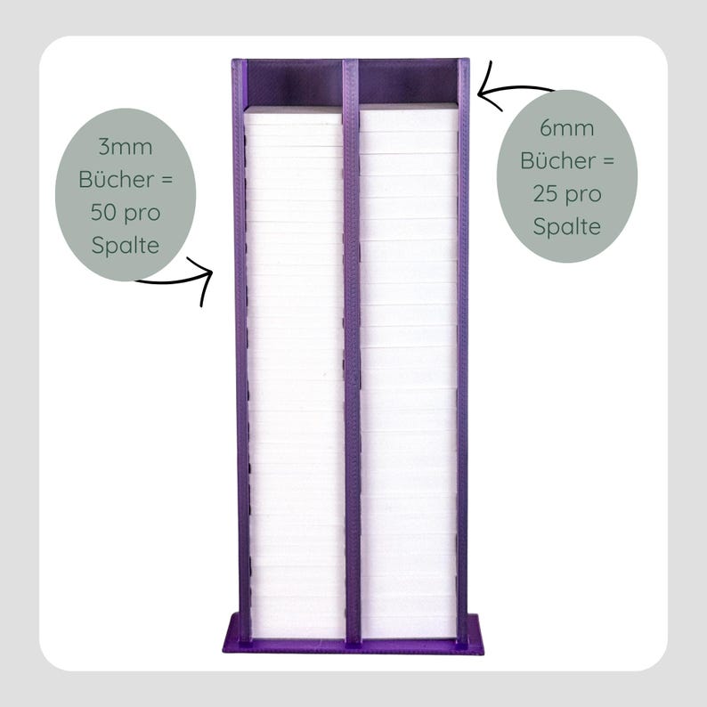 May include: A purple, vertical display stand with two compartments filled with white cards. Text indicates the stand holds 50 cards per column for 3mm thick cards and 25 cards per column for 6mm thick cards.