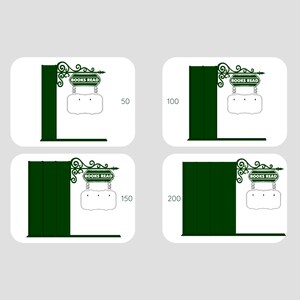 May include: Four illustrations of a dark green signpost with a decorative scroll design and the words "BOOKS READ". Each sign has a white, cloud-shaped sign. The signposts are labeled with the numbers 50, 100, 150, and 200.