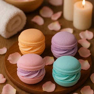 May include: Four pastel-colored bath bombs resembling macarons are arranged on a wooden tray, surrounded by pink rose petals. Two lit candles and a rolled white towel are in the background, creating a spa-like ambiance.