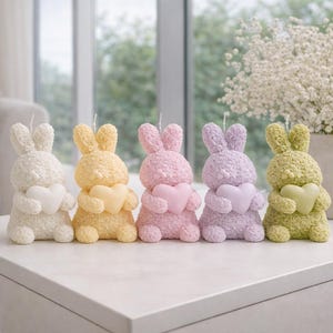 May include: A row of five bunny-shaped candles in pastel colors: white, yellow, pink, lavender, and green. Each bunny holds a heart-shaped candle. The candles are on a white table, with a vase of flowers in the background.