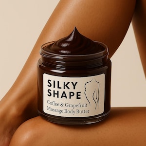 May include: A jar of Silky Shape Coffee & Grapefruit Massage Body Butter. The dark brown body butter is in a clear glass jar with a white label. The label has the brand name and product description, along with a silhouette of a woman.