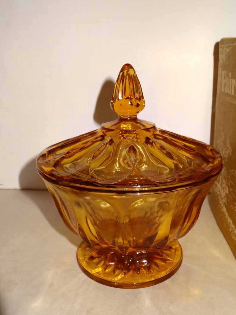 Mib Amber Glass Fairfield Lidded Compote Serving Bowl Gold Leaf