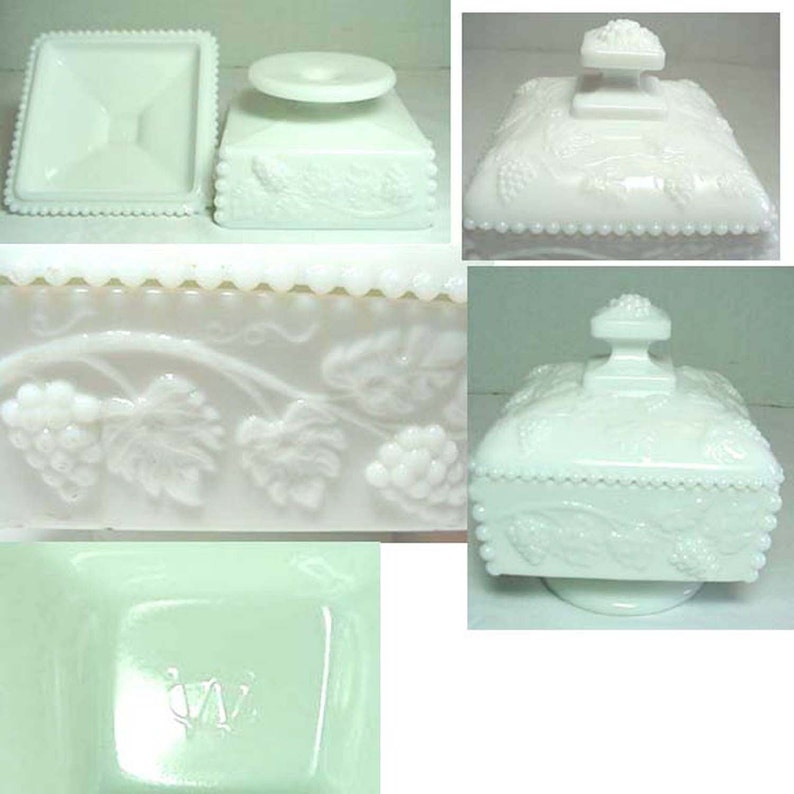 White Milk Glass Westmoreland Square Candy Dish Harvest Grape Home and Garden Kitchen and Dining Serve Ware Tableware Bowls