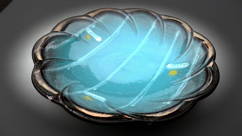 Made in West Germany Serving Bowl Pottery Sky Blue Yellow Dots Iridescent Rim Home and Garden Kitchen and Dining Serve Ware Tableware Bowls