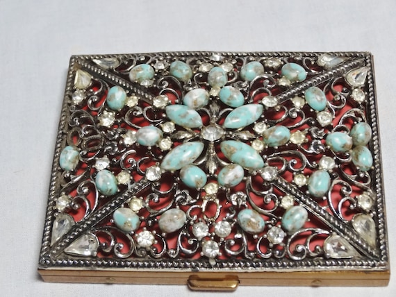 Compact or Cigarette Case Faux Turquoise and Rhine