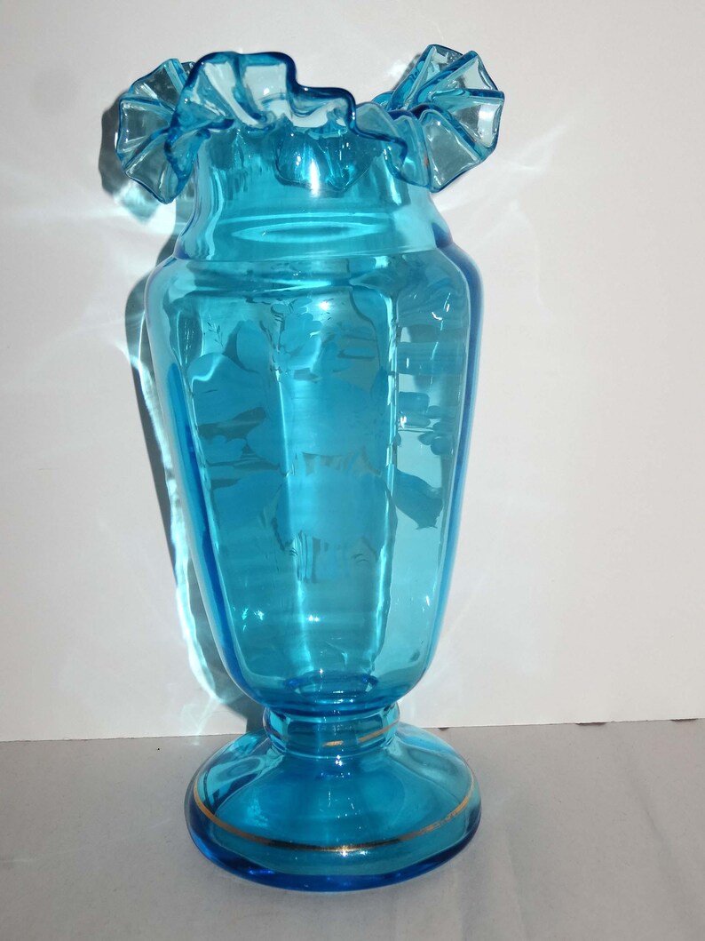 Aqua Glass Flower Vase with Ruffle Hand Painted Floral Motif Etsy