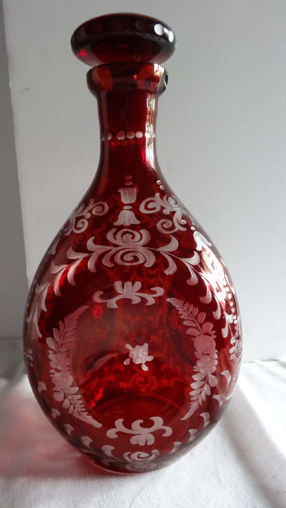 Red Ruby Glass Decanter Etched with Tassels and Flowers Home Etsy
