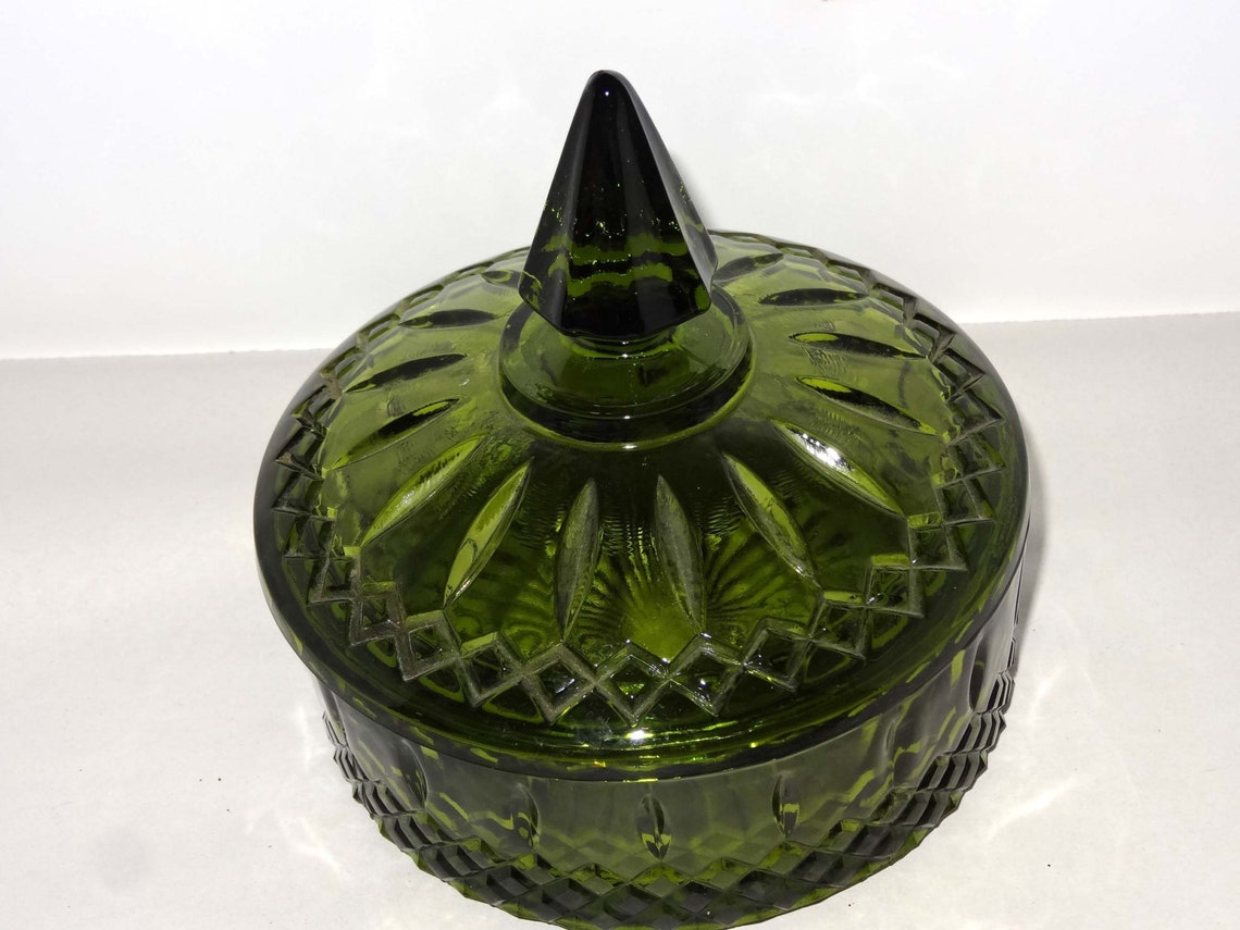 Green Depression Glass Lidded Candy Dish Serving Bowl Home and Etsy
