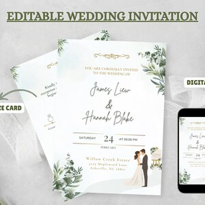 Può includere: Un invito di nozze modificabile con il testo "EDITABLE WEDDING INVITATION". L'invito presenta i nomi James Liew & Hannah Blake, con la data sabato 24 febbraio. Viene mostrata anche una versione video digitale.
