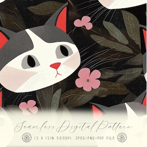 White Cat Repeat Pattern | Seamless Digital Prints | Sublimation & Printable Digital Paper on Black Background