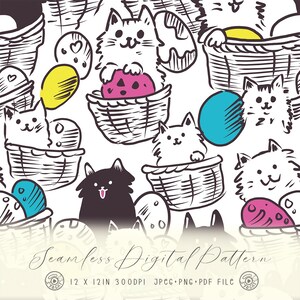 以下が含まれることがあります： カラフルな卵が入ったバスケットに入った猫の白黒イラストが特徴のシームレスなデジタルパターン。パターンは12インチ×12インチ、300DPI。ファイル形式はJPEG、PNG、PDFです。