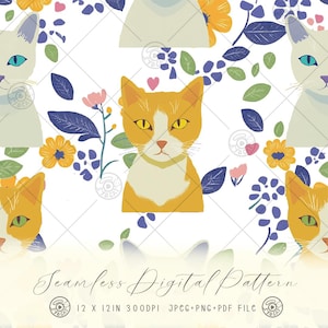 Orange and White Cat Floral Pattern Digital Prints | Repeat Sublimation Seamless Printable Digital Paper