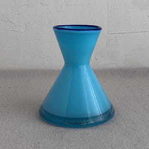 Vintage Blue Opaline Glass Bud Vase • Hourglass Form • Cobalt Rim Mid Century Decor