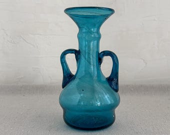 Vintage Blue Glass Vase • Hand Blown Double Handle Vessel • Small Sculptural Bud Vase