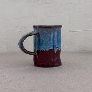 Vintage Studio Pottery Mug • Signed Amanda • Blue Burgundy Drip Glaze • Handmade Stoneware Cup