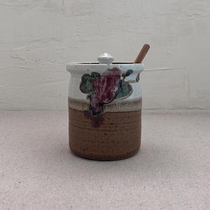 Vintage Studio Pottery Honey Pot • Signed Stoneware Jar with Wooden Dipper