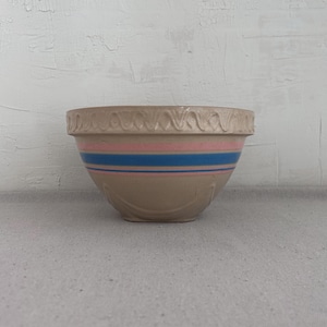 Vintage McCoy Yellow Ware Mixing Bowl • 9.75” Pink & Blue Stripe • Pie Crust Rim • 1930s