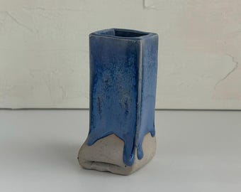 Vintage Blue Drip Glaze Bud Vase • Studio Pottery Square Vase • Sculptural Ceramic Vessel