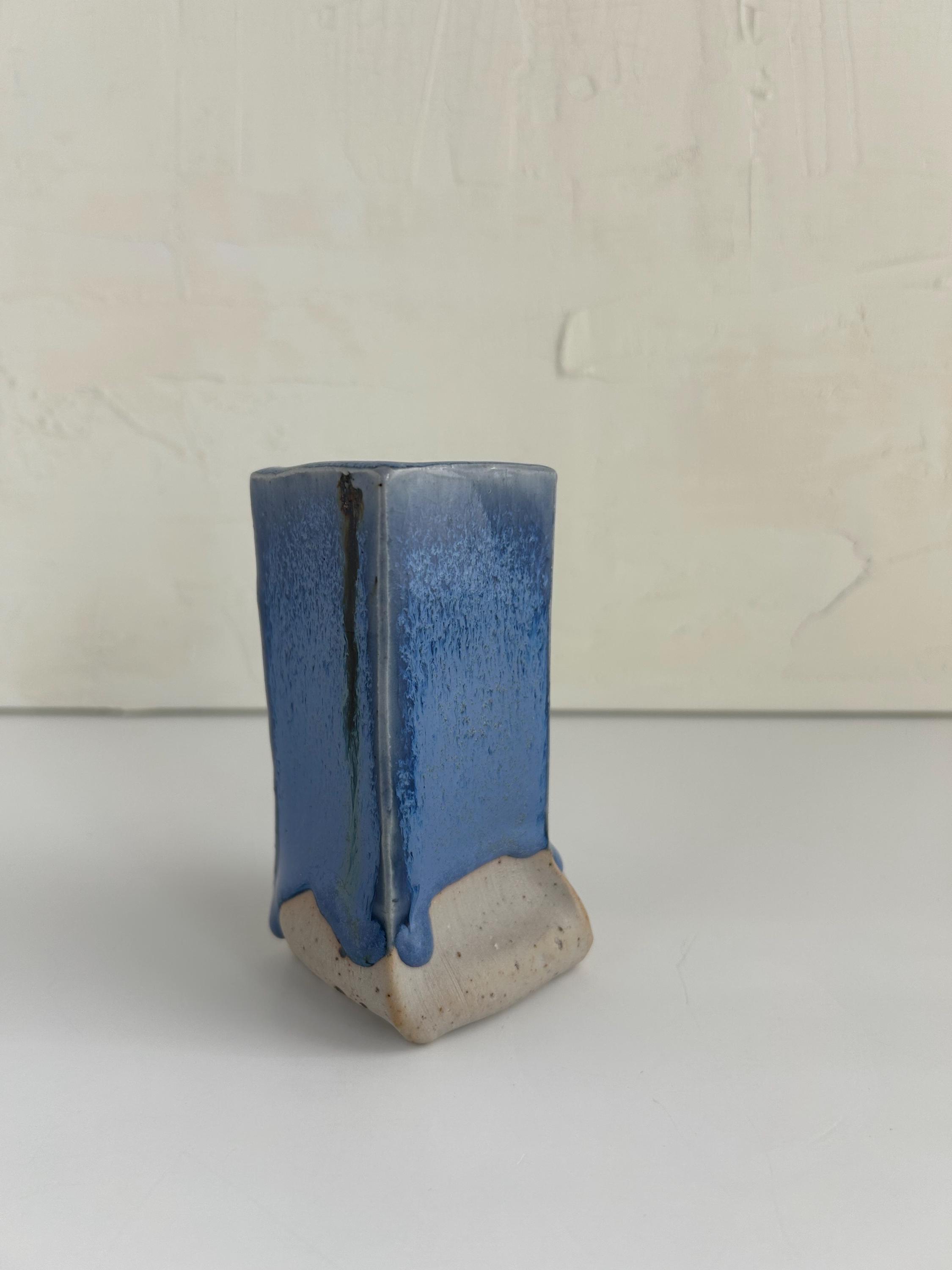 Vintage Blue Drip Glaze Bud Vase • Studio Pottery Square Vase ...