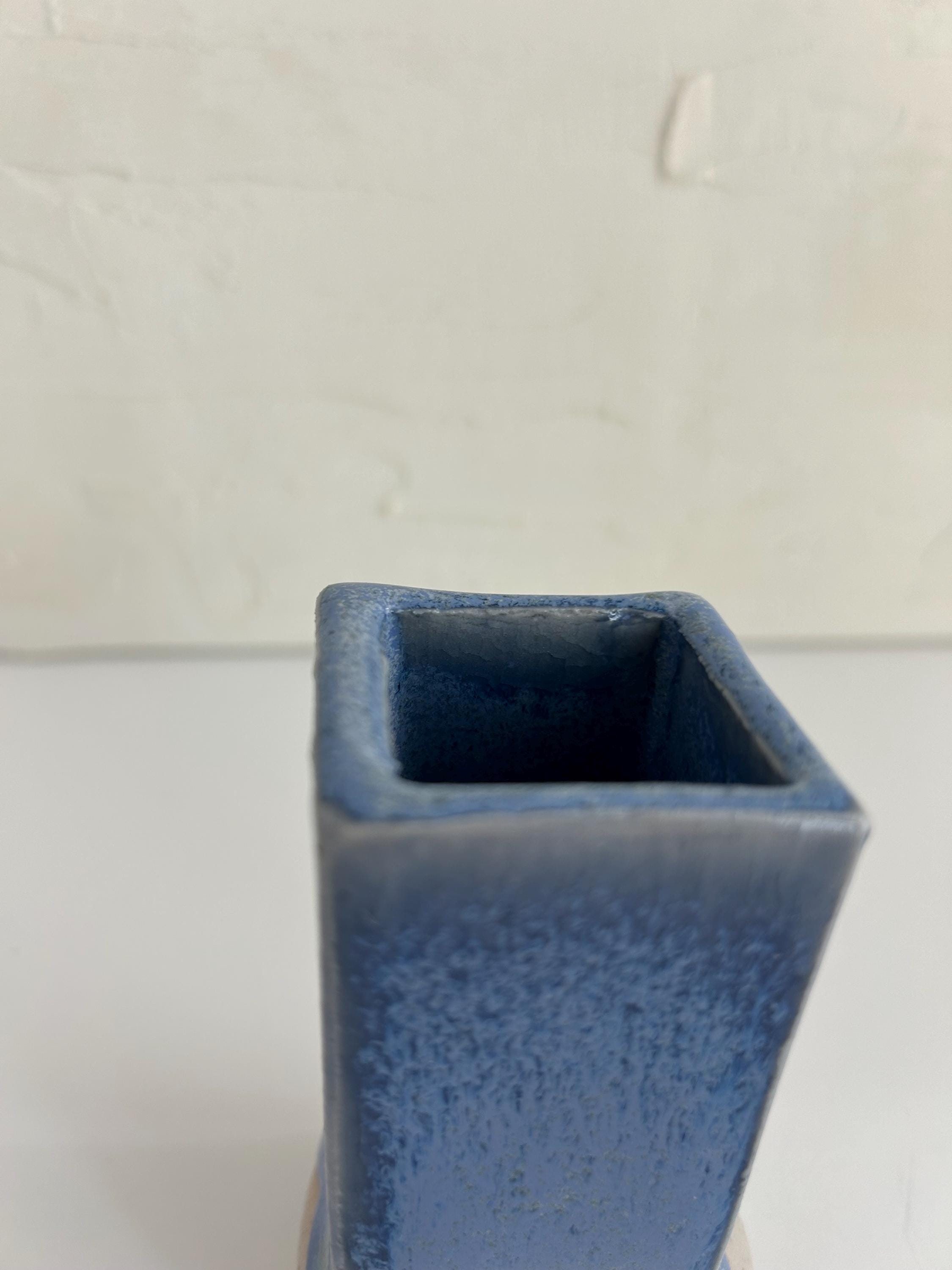 Vintage Blue Drip Glaze Bud Vase • Studio Pottery Square Vase ...