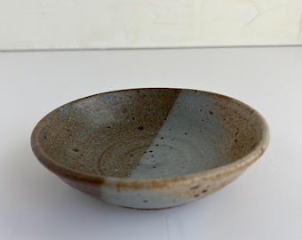 Vintage Signed Studio Pottery Bowl • Blue Gray Speckled Stoneware • Shallow Sculptural Catchall