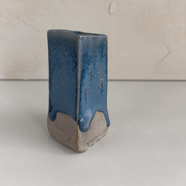 Vintage Blue Drip Glaze Bud Vase • Studio Pottery Square Vase ...