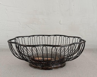 Vintage Scalloped Wire Basket • Pedestal Fruit Bowl • Silver Plate Metal • 1970s