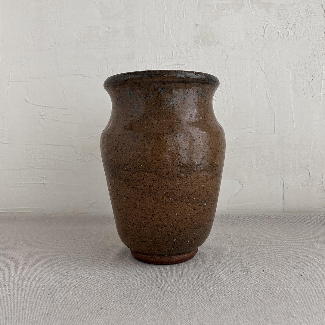 Vintage Signed Studio Pottery Vase • Speckled Brown Stoneware Vessel ...