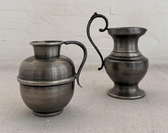 Vintage French Pewter Mini Pitcher Set • Etain Fait Main • Sculptural Metal Vessels