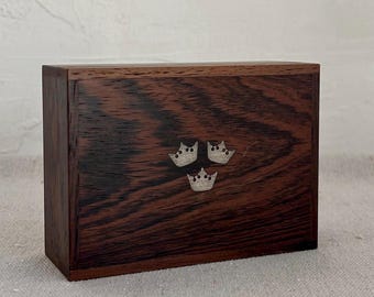 Vintage Wooden Box with Crown Inlay • Small Dark Wood Keepsake Jewelry Storage