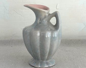 Vintage USA Ceramic Pitcher Vase • Sculptural Stoneware Bud Vase • Pale Blue Blush Interior