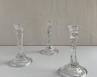 Vintage Faceted Glass Candlesticks • Sculptural Clear Taper Holders • Set of Three