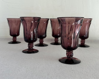 Vintage Amethyst Glass Goblets • Set of 6 • Plum Stemware • Small Wine Glasses • Sculptural Barware