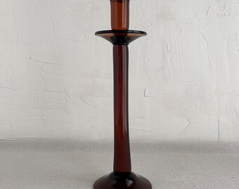 Vintage Amber Glass Candlestick • Hand Blown Glass • Tall Sculptural Candle Holder • 1970s Decor