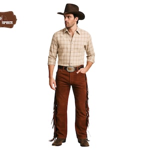 Men’s Western Suede Leather Fringe Pants | Cowboy Style Brown Suede Chaps | Rodeo Festival Pants | Handmade Pants| Personalised Gift for Him