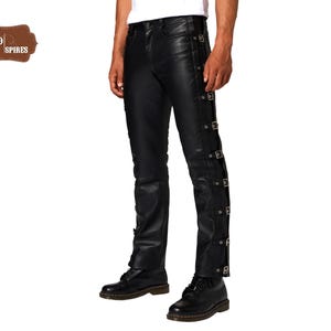 Handmade Black Leather Biker Pants: Adjustable Buckle Strap, Slim Fit