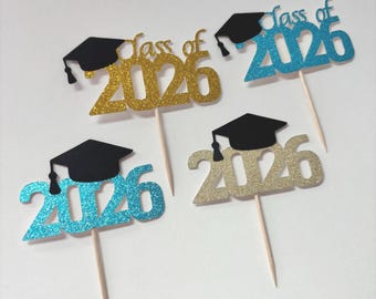 2026 Graduation Cupcake Toppers, Cap, Class of 2026, college high school grad party decorations (set of 12)