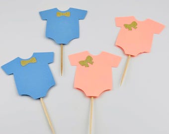 Baby Shower Cupcake Toppers, Onesie Toppers, Baby Onesie Cupcake Toppers, Gender Reveal Cupcake Toppers (Set of 12)